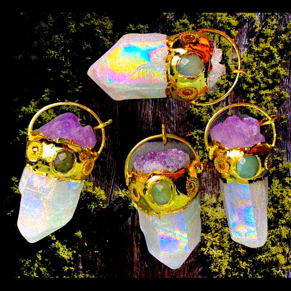 Amethyst & Angel Aura Crystal Quartz Gold Plated pendant